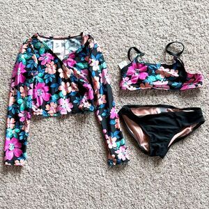 Art Class Girls Swim Set Size 8 M Black Pink Floral 3pc Bikini Rash Guard Spring